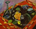 Gerichte und Früchte auf einem roten und schwarzen Teppich 1906 abstrakter Fauvismus Henri Matisse